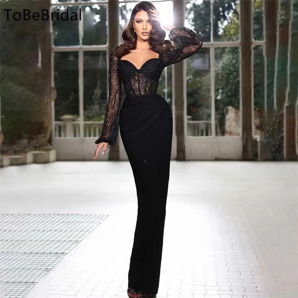 

Sexy Black Evening Dresses 2025 Sweetheart Lace Long Sleeve Mermaid Prom Dress for Special Occasions Party Dress Customized