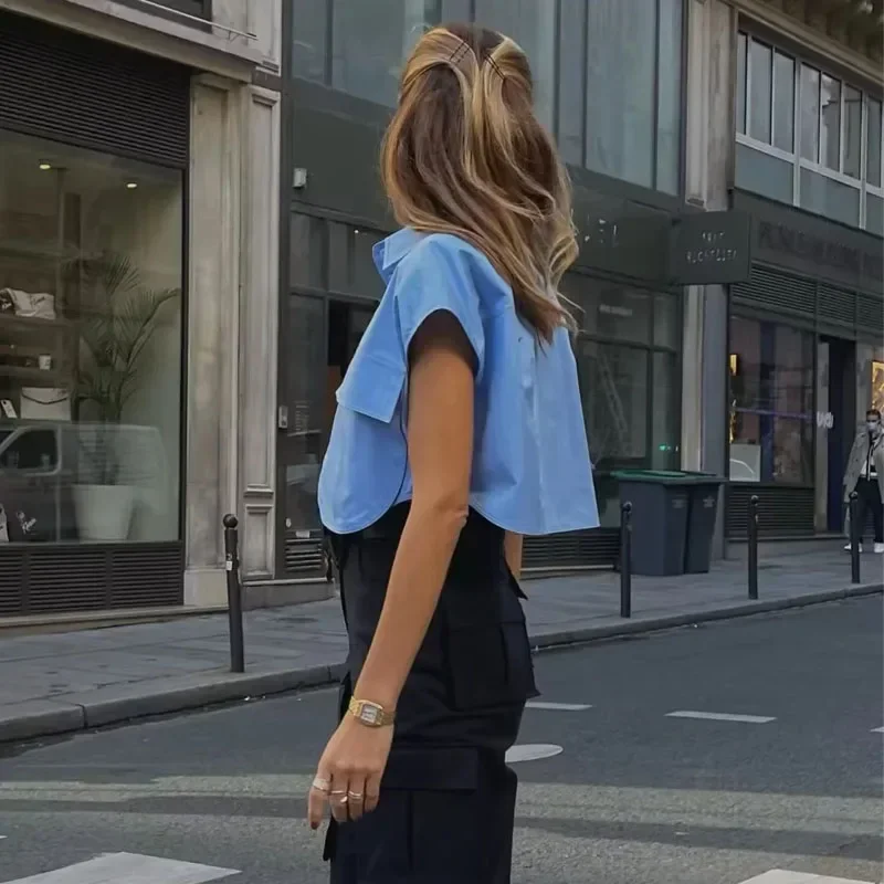 Chemisier court à manches courtes pour femmes, chemise boutonnée, tenues de bureau, bleu, blanc, élégant