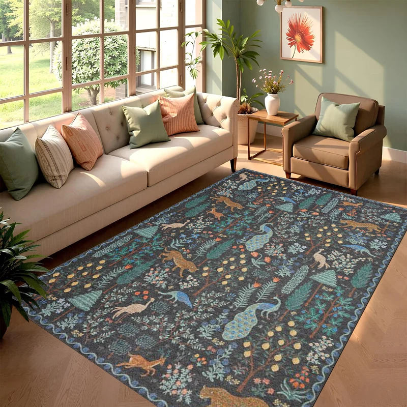 Vintage Jungle Animal Area Rug Peacock Tiger Deer Botanical Pattern Decorative Floor Mat for Living Room Bedroom Home Decor