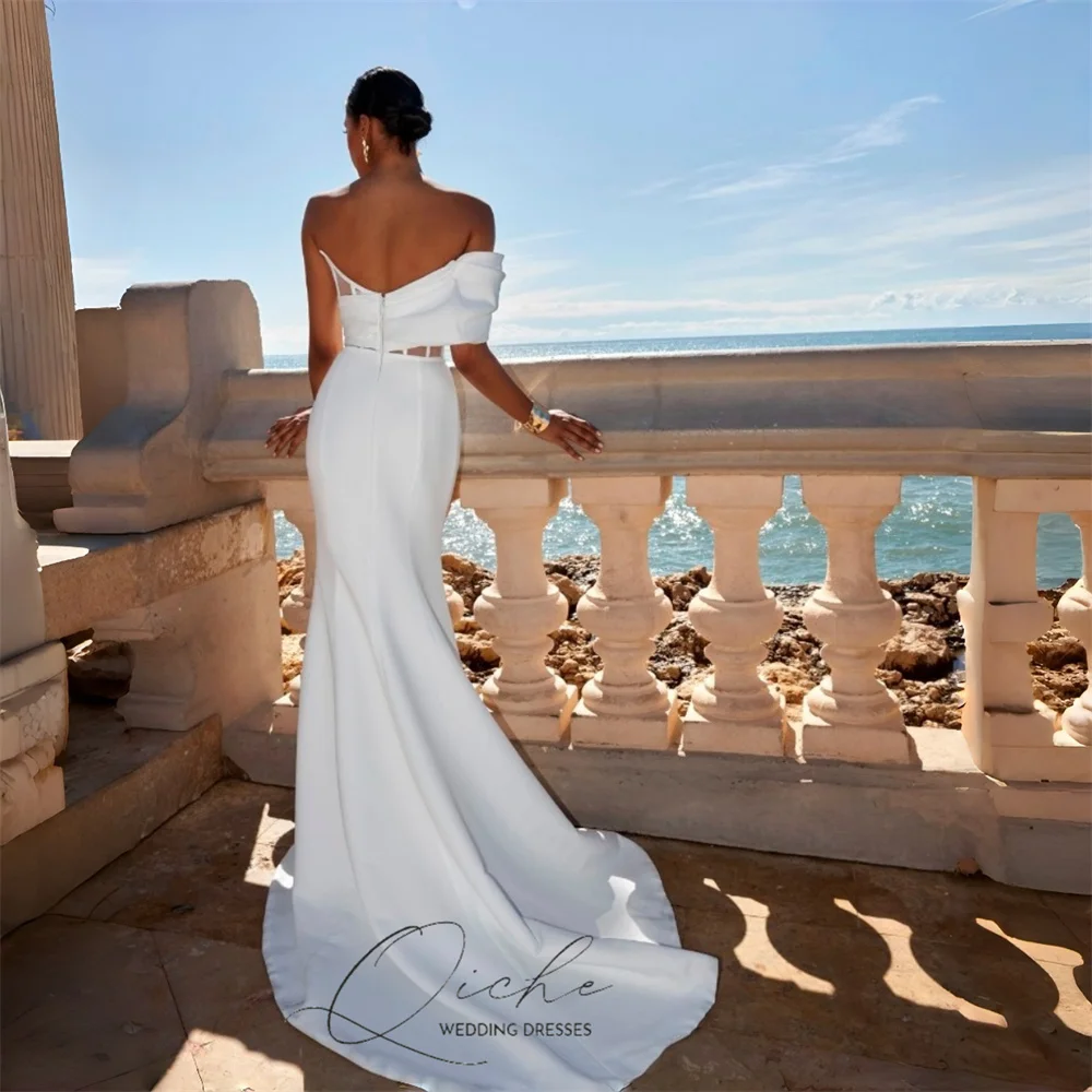 QICHE Modern Pleat Off The Shoulder Mermaid Wedding Dress Women 2026 Beading High Slit Open Back Vestidos De Novia Customized