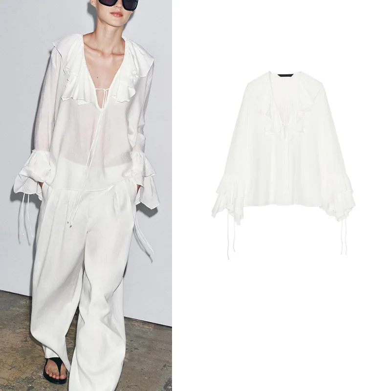 قميص نسائي صيفي بأكمام طويلة وياقة على شكل V وقصة مستقيمة مع زخارف متعددة الطبقات من الألياف المختلطة واللاصقة، مصنوع من أليا...