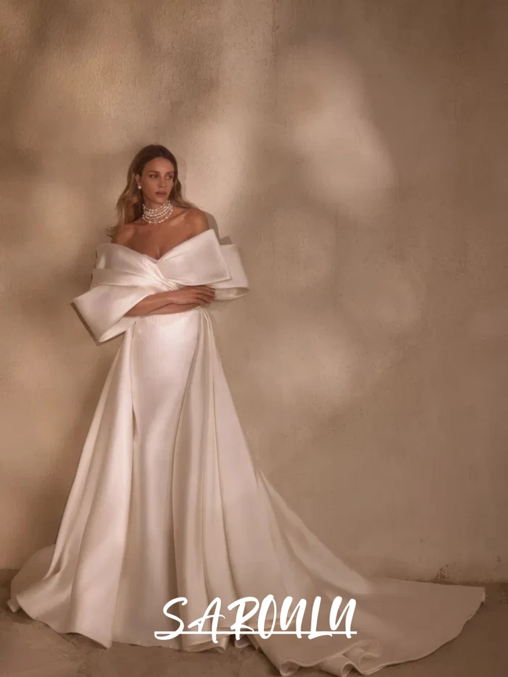 

Off Shoulder Flowing Satin Wedding Dress With Dramatic Sleeves & Train Elegant Lace Up Back 2 in 1 Stylish Classic Bridal Gown