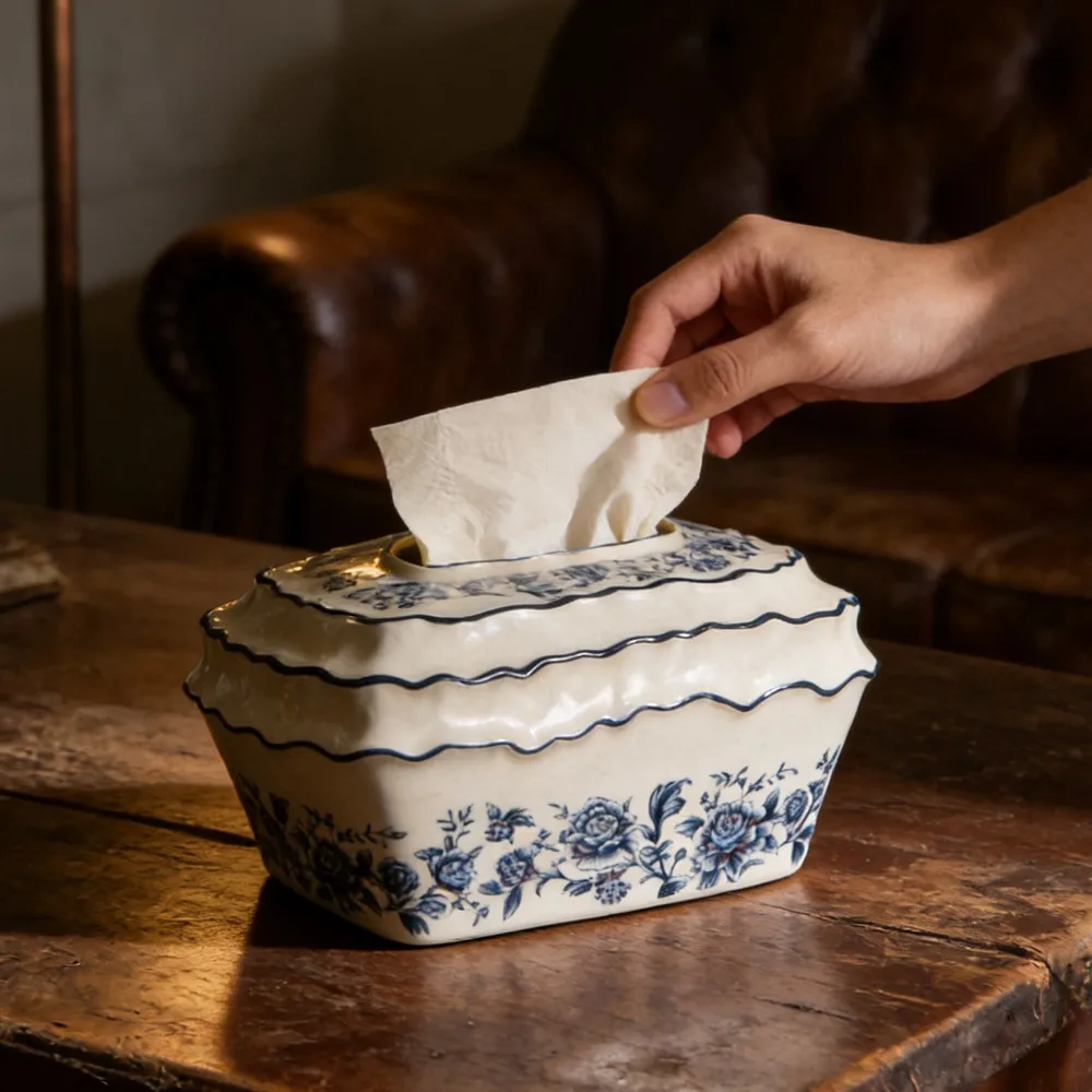 Vintage European Ceramic Tissue Box, Creative Stripe & Floral Design Napkin Holder, Home Decor Tabletop Storage for Living Room