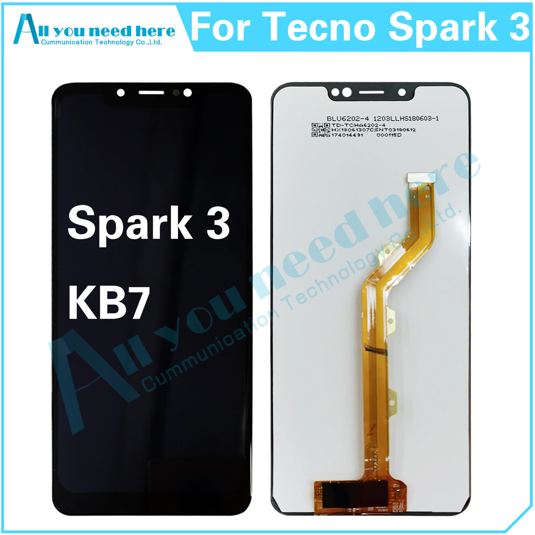 

100% Test AAA For Tecno Spark 3 KB7 LCD Display Touch Screen Digitizer Assembly Repair Parts Replacement