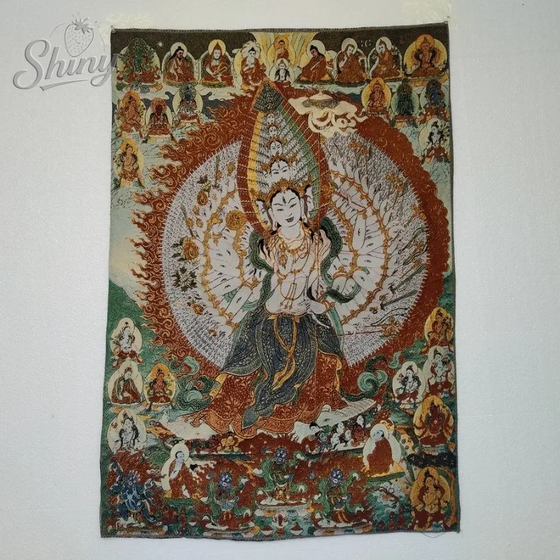 35.4″ White Parasol Buddha Mother Brocade Tibetan Tangka Embroidery Painting Gold Thread Embroidery Decorative Hanging Pictures