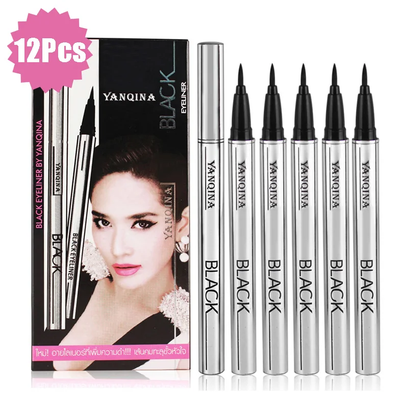 12 Pcs/Box Black Liquid Eyeliner Waterproof Eyeliner Pencil Long-Lasting Liquid Eye Liner Pen Quick-Dry No Blooming Cosmetic Set