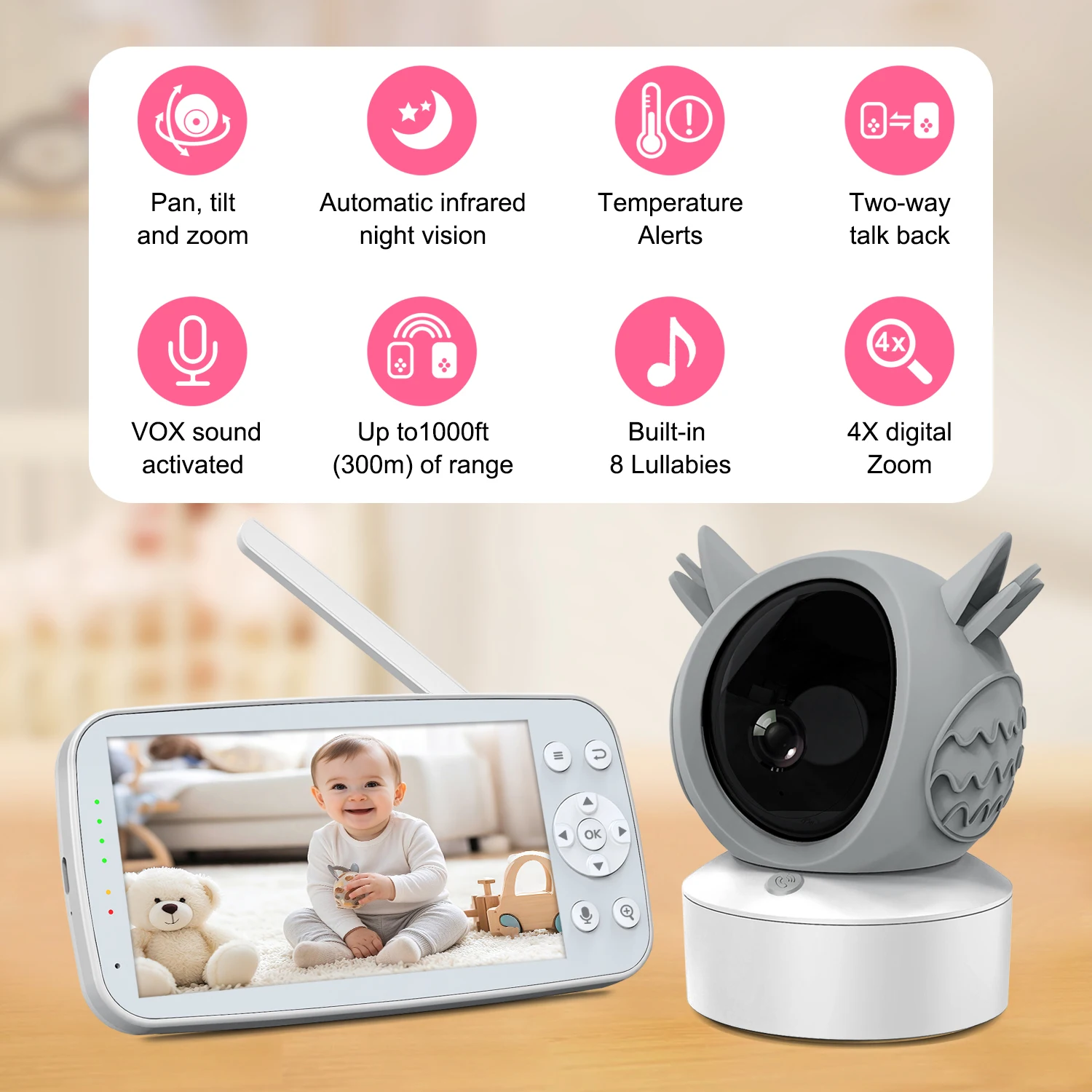 5 Inch Baby Monitor Camera with Video and Audio 1080P HD Night Vision 2 Way Talk Crying Detection Wireless Baby Pet Monitors