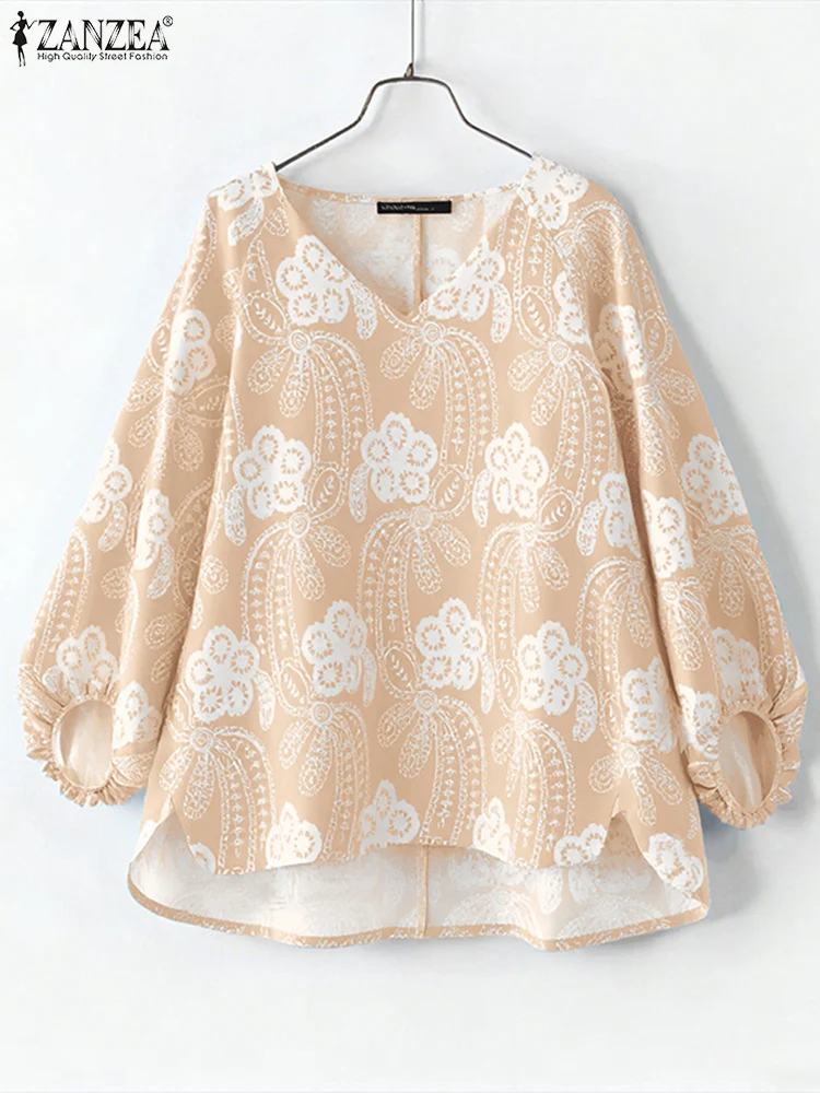 ZANZEA Camicetta casual con stampa vintage Donna Top a maniche lunghe 2025 Autunno con scollo a V Manica a lanterna allentata Camicie moda Blusas Femme