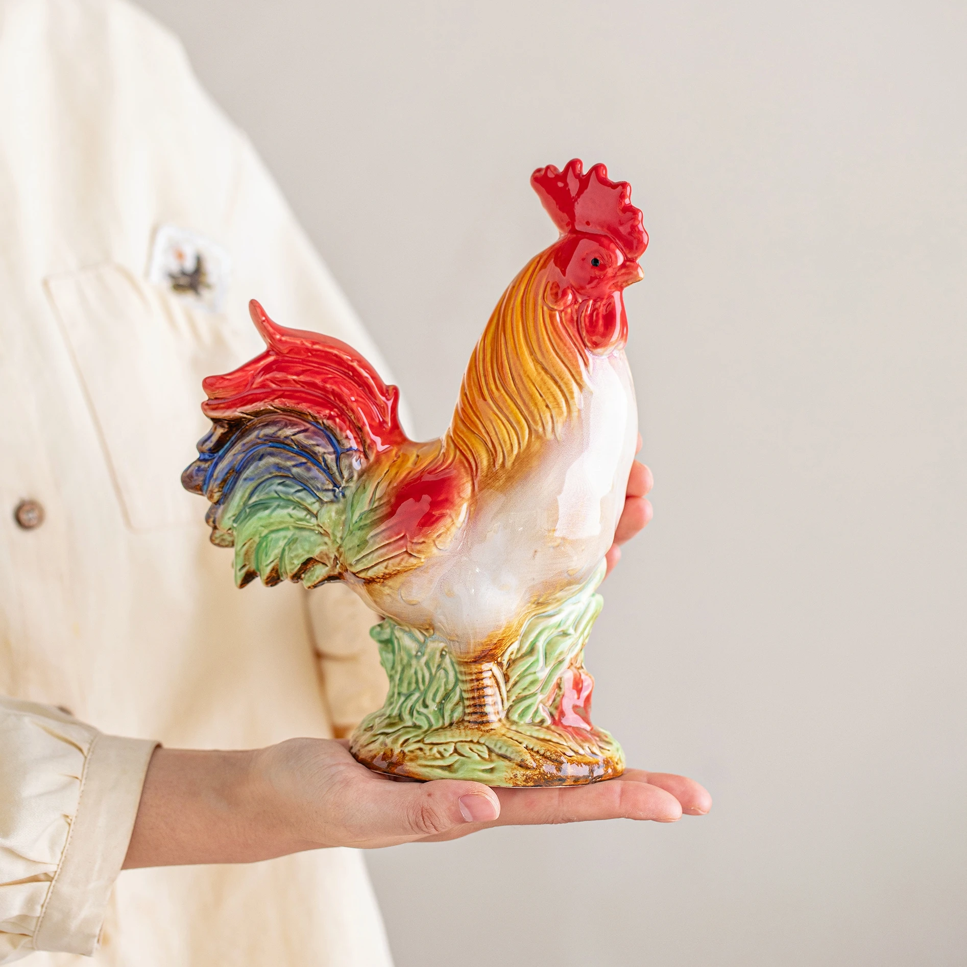 Casa de la ciudad de la suerte, adorno de gallo grande de cerámica, mascota para el hogar, sala de estar, decoración de gabinete de vino, regalo de apertura para oficina