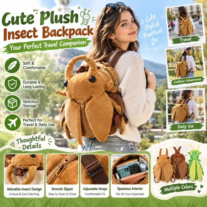 Y2K Backpacks 45cm Rhinoceros Stag Beetle Soft Stuffed Insect Animal Shoulder Bag, Cute Novelty Bag Kids Birthday Holiday Gift