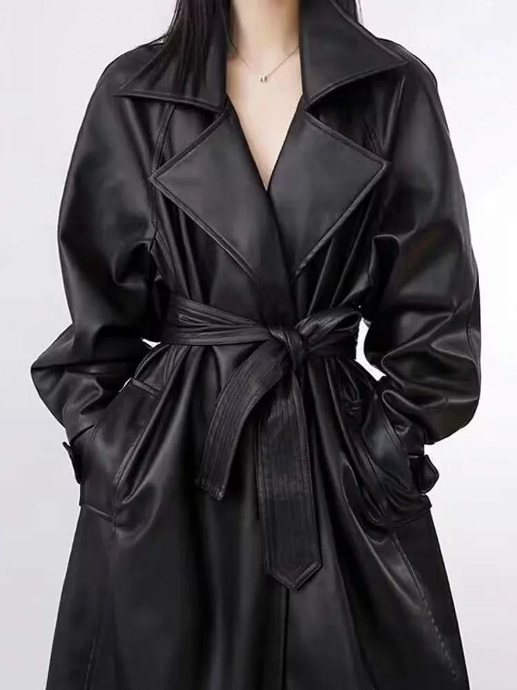 Long oversized leather trench coat for women long sleeve lapel loose fit Fall Stylish black women clothing streetwear