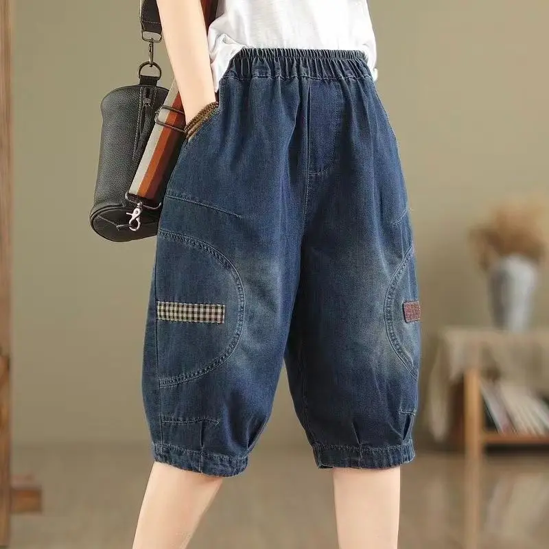 Summer Lightweight Denim Bermuda Shorts for Women, New Vintage Large Size Elastic Waist Versatile Wide Leg Loose Six-inch Pants