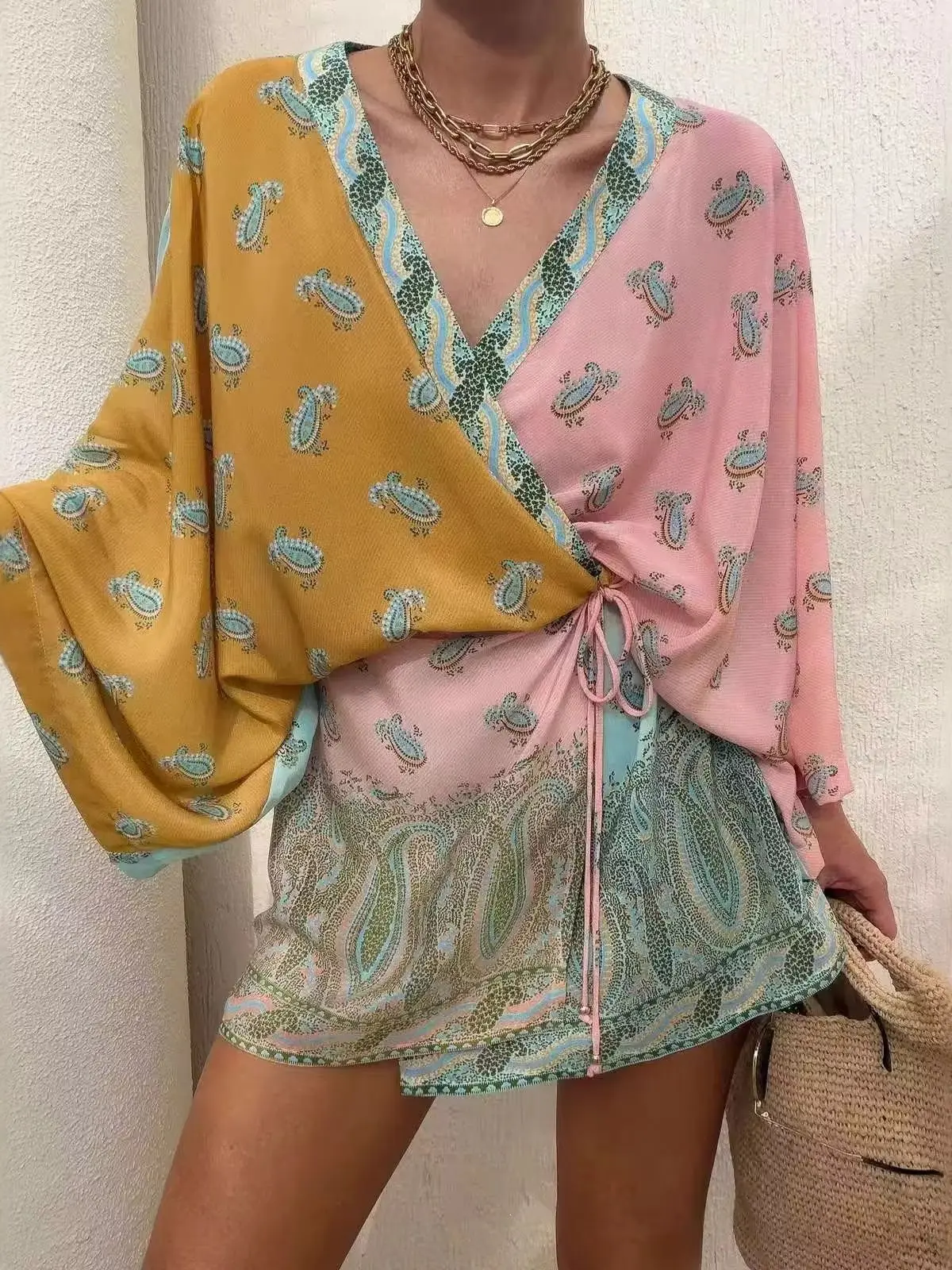 Böhmisches Farbblock-Paisley-Print Kimono-Wickelkleid für Damen V-Ausschnitt 3/4 Ärmel Strandkleid Lässige Kurze Kleider Sommer 202