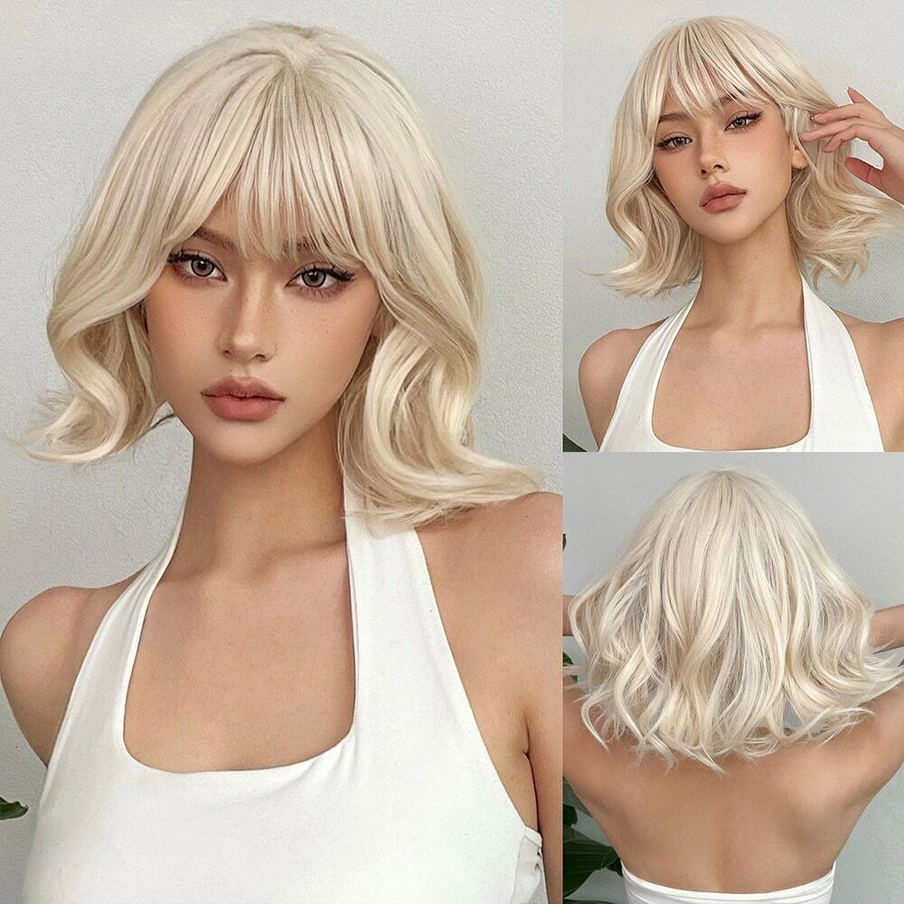 

ALAN EATON Long Blonde Wavy Curly Women's Full Hair Wigs with Bangs Cosplay Wigs