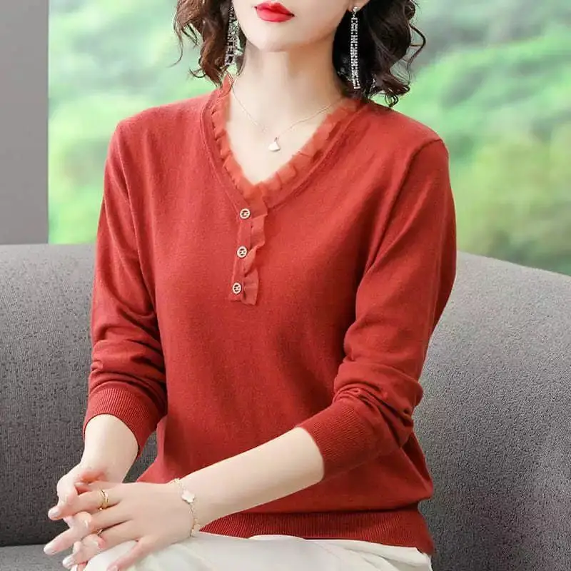 Women\'s Solid Color Fashion Lace Spliced T-shirt 2023 Spring Autumn Casual Elegant Long Sleeve V-Neck Female Knitted Thin Tops