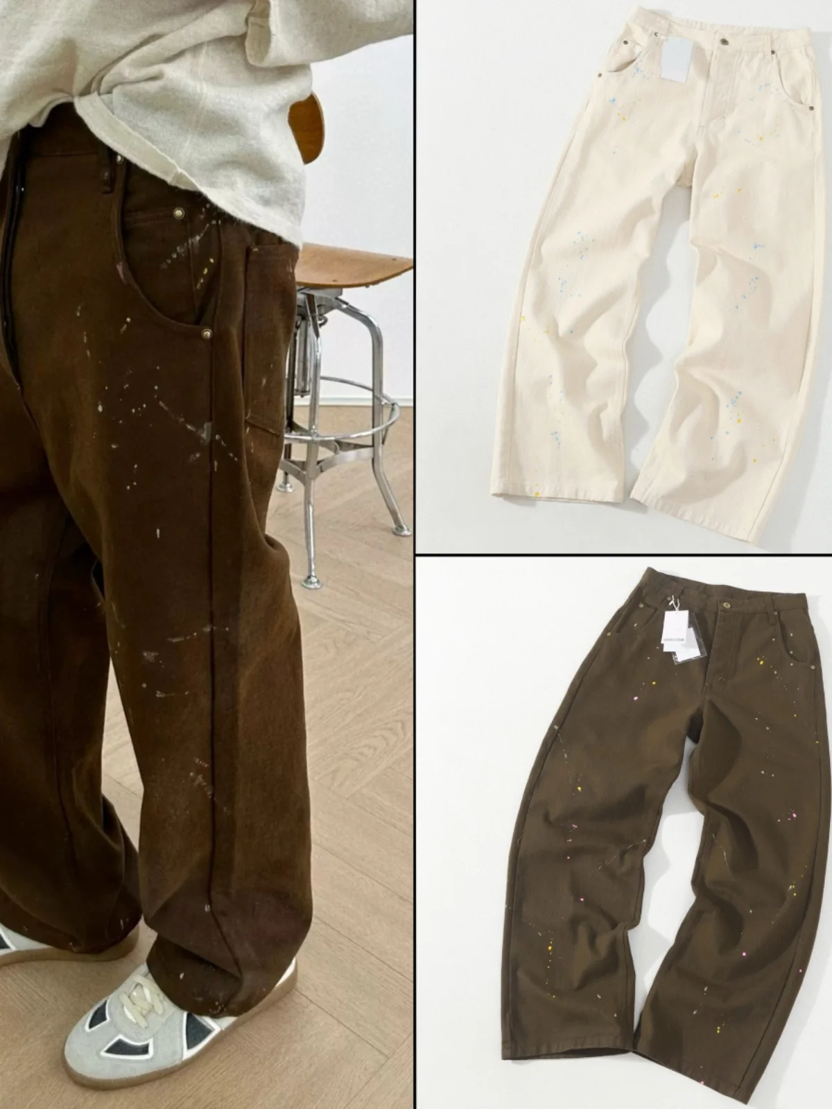 

Japanese Sle Autumn Winter Wax Dye Splaed Ink Waed out Casual Loose Trousers Men's Cuffed Long Pants Trendy Straight Leg