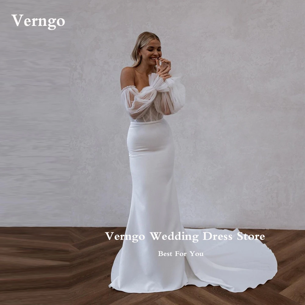 

Verngo Elegant Stretch Satin Mermaid Wedding Dresses With Removable Puff Long Sleeves Sweetheart Sweep Train Bridal Gowns 2023