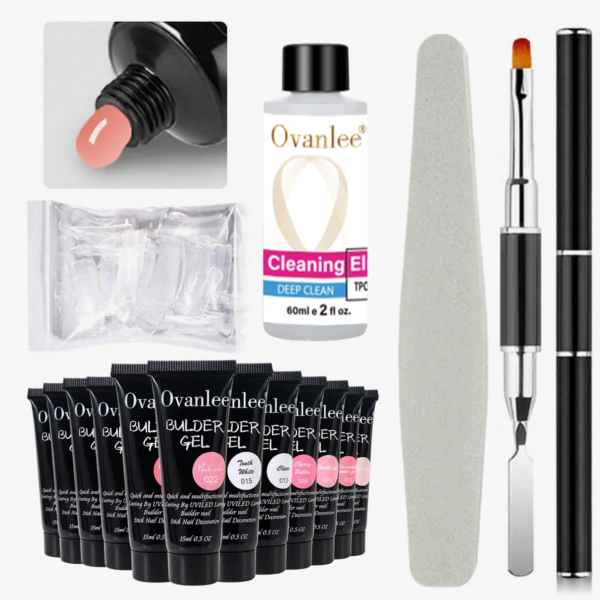 Ovanlee 18-Piece Nail Builder Gel Kit  Form-Free 12 Colors 15ml Polygel with Cleaning Liquid & Tools, Soak-Off UV/LED Hard Gel for Natural Nail Strengthening & DIY Extensions