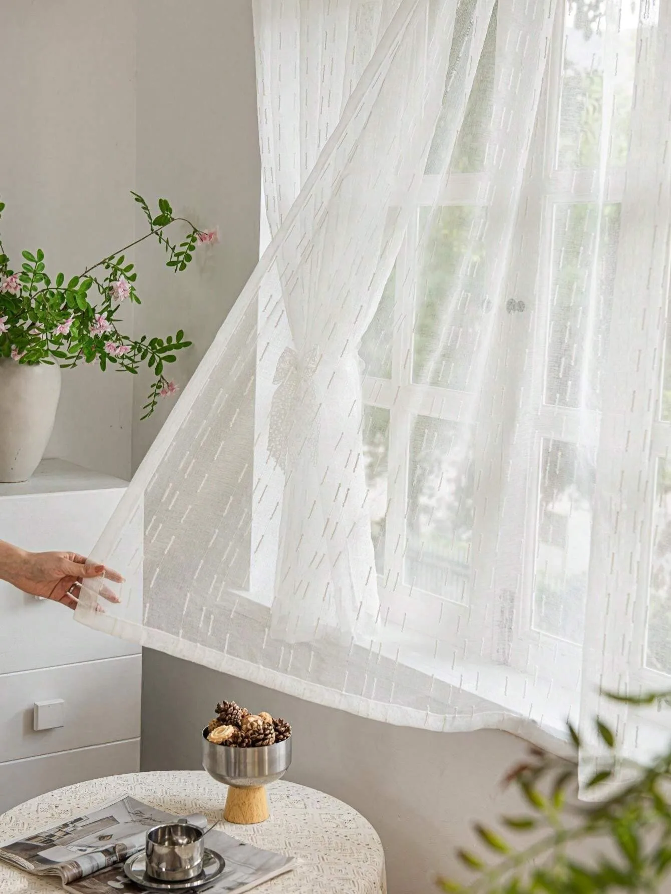 1pc White Striped Decorative Curtain, European Style Luxury Modern Minimalist, Self-Adhesive, Easy Install No Tools Needed,
