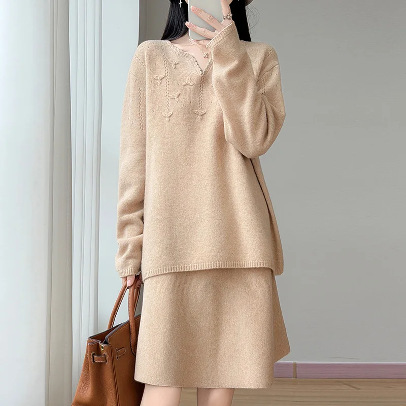 100% pure wool knitted set Korean style slim fit wool skirt two-piece autumn and winter fashion short skirt casual set