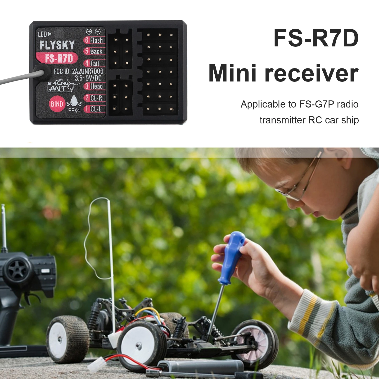 플라이스카이 RC 송신기 수신기 RC 수신기 경량 방수 RC 자동차 보트 수신기 FS-R7D (FS-G7P RC 자동차 보트 송신기용)
