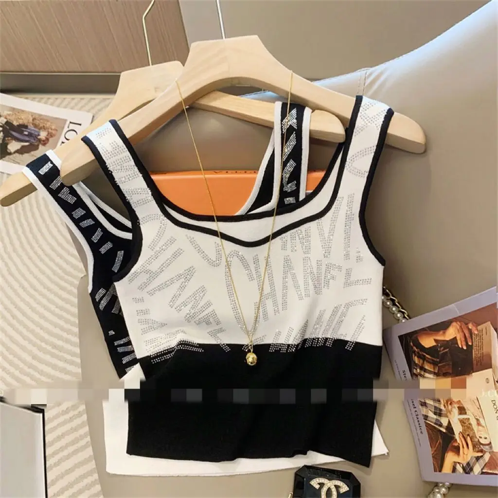 Spice Girl Design Sense Letter Nail Diamond Vest Women's Inner 2026 Summer New Shiny Diamond Contrast Short Sling Sweater Vest