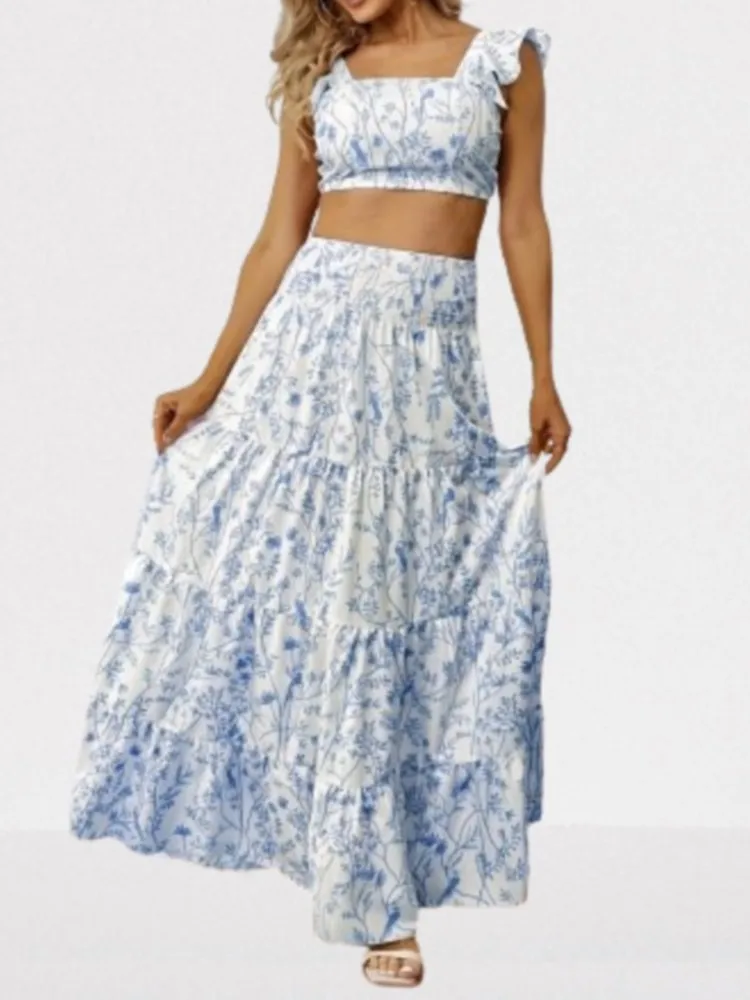 

Women's Elegant Square-necked Short Top Printed Skirt Two-piece Set Summer Fresh And Sweet Style Sleeveless Navel Casual Set