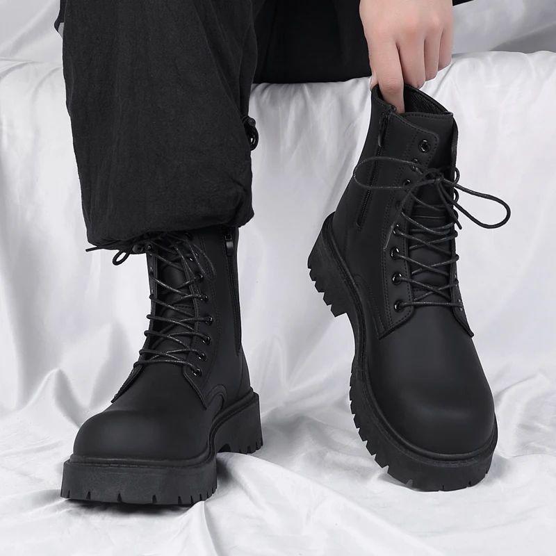 

Men's Boots Black Ankle Boots British Style High Top Leather BootsPlatform Lace Up Motorcycle Boot Couple Outdoor Casual Shoes