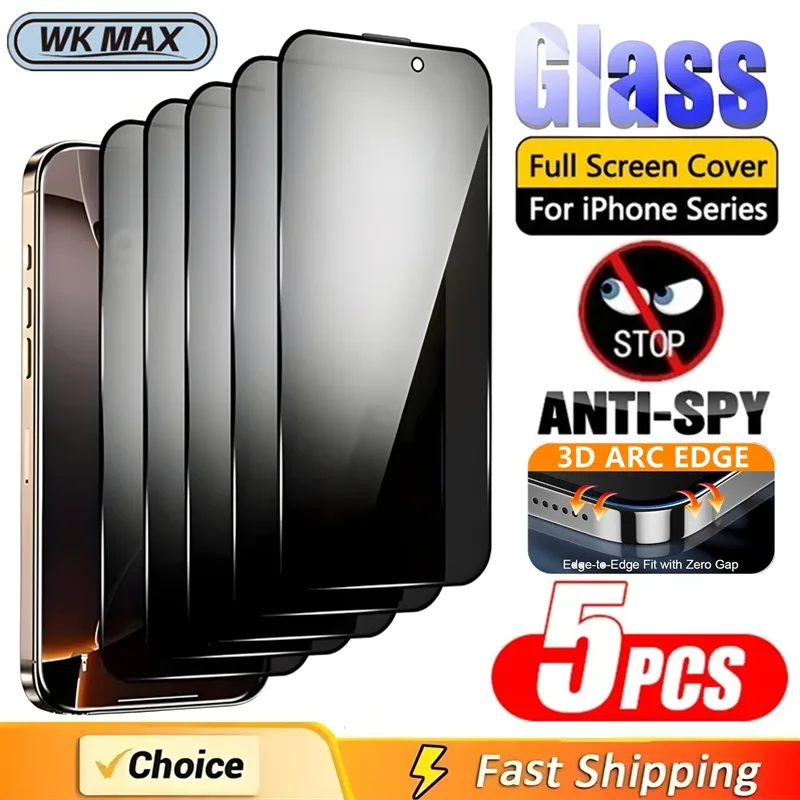 

5Pcs WKMAX Privacy Tempered Glass For iPhone 17 16 15 14 13 12 11 Pro Max X XS XR Dust proof Anti-Spy Screen Protector glass