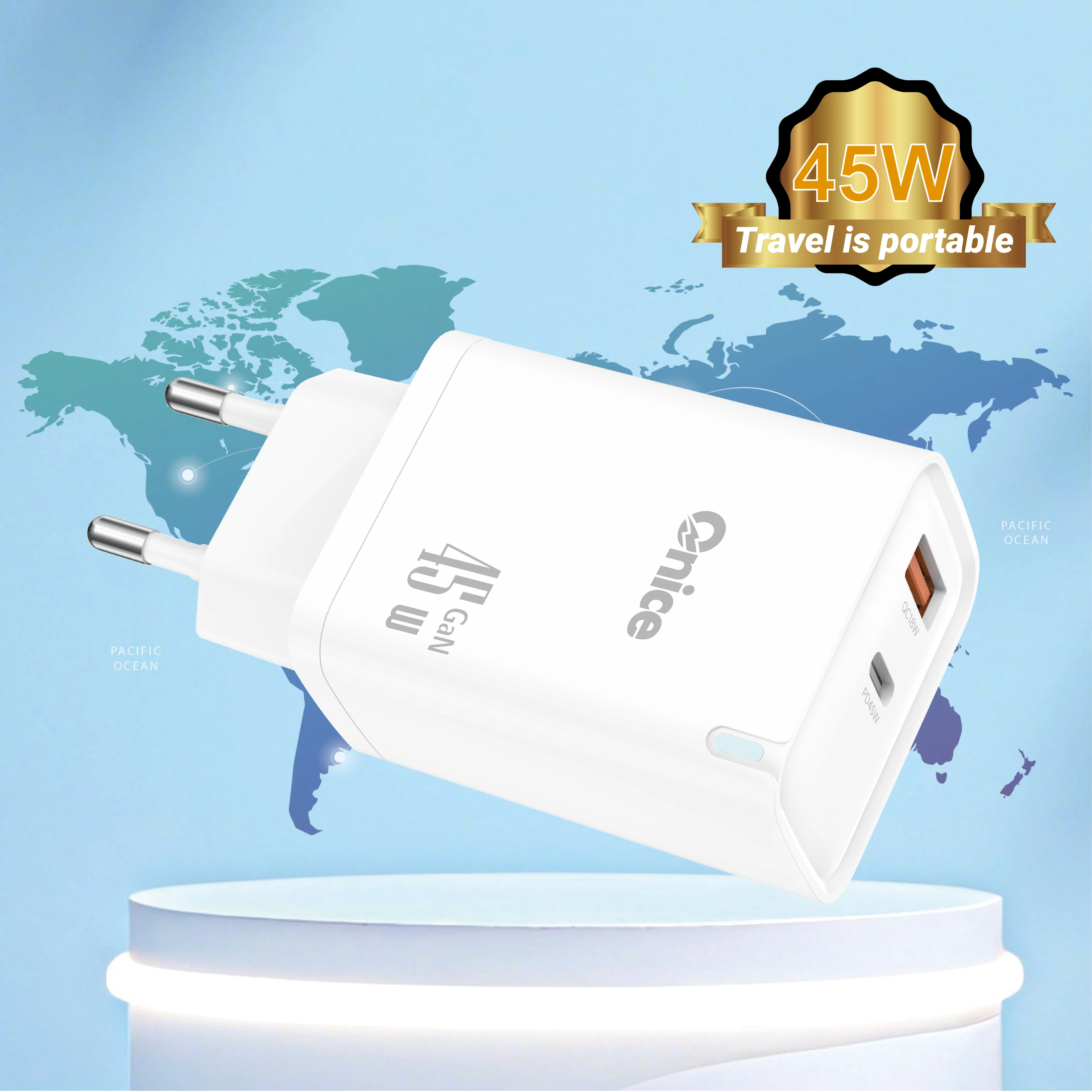

Зарядное устройство Onice 45W PD с вилками EU/US и выдвижным USB-кабелем — 2-портовый адаптер быстрой зарядки для путешествий, телефонов и ноутбуков