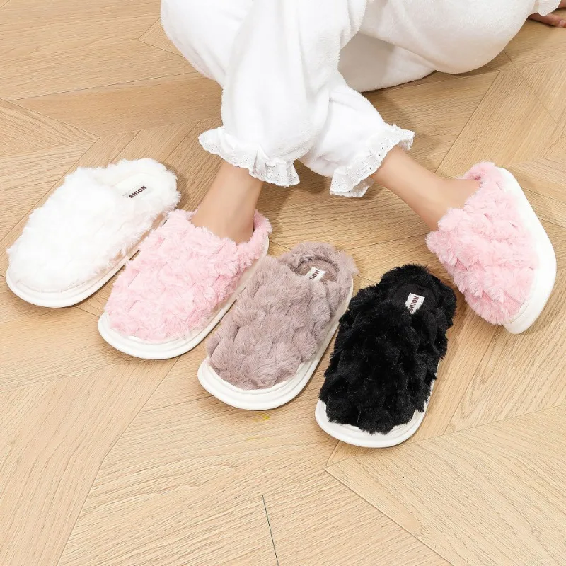 

Soft Sole lovers Flip Flops Fashion Couple Winter Slides Warm Plaid Fluffy Slippers Women And Men Home Indoor Cotton Shoes