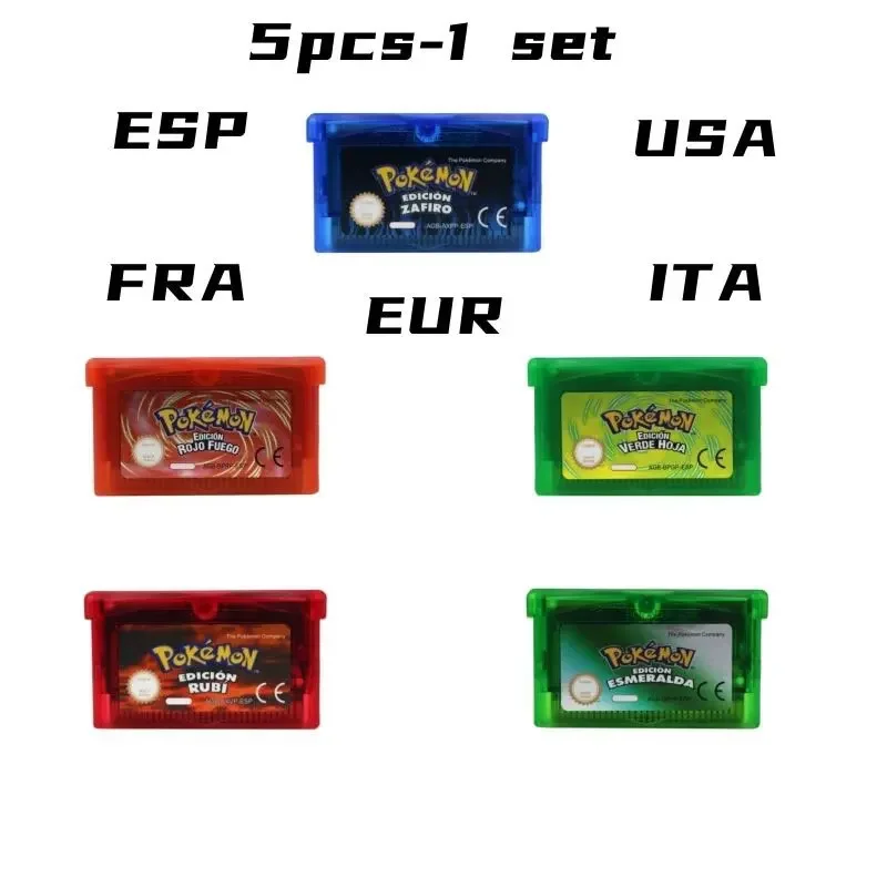 32 Bit GBA Video Game Cartridge Console Card Pokemon Series A set Emerald FireRed LeafGreen Ruby Sapphire with Shiny Label