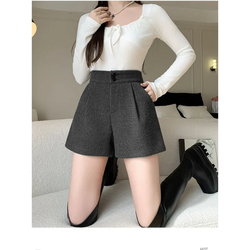 شتاء خريف جديد بلون أنيق مزيج الصوف النساء ألف خط السراويل عالية الخصر فضفاض موضة سليم صالح لباس خارجي بنطال ذو قصة أرجل واسعة #4