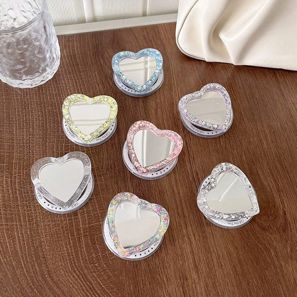 Heart-Shaped Mobile Phone Magnetic Airbag Holder Glitter Sequin Heart-Shaped Portable Makeup Mirror Magnetic Desktop Holder