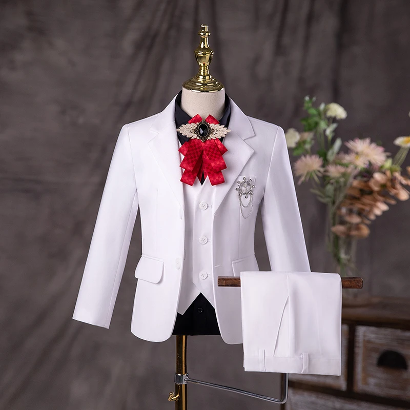 Flower Boys Formal White Baptism Suit Kids Jakcet Vest Pants 3PCS Wedding Dress Children Birhtday Photograph Performance Costume