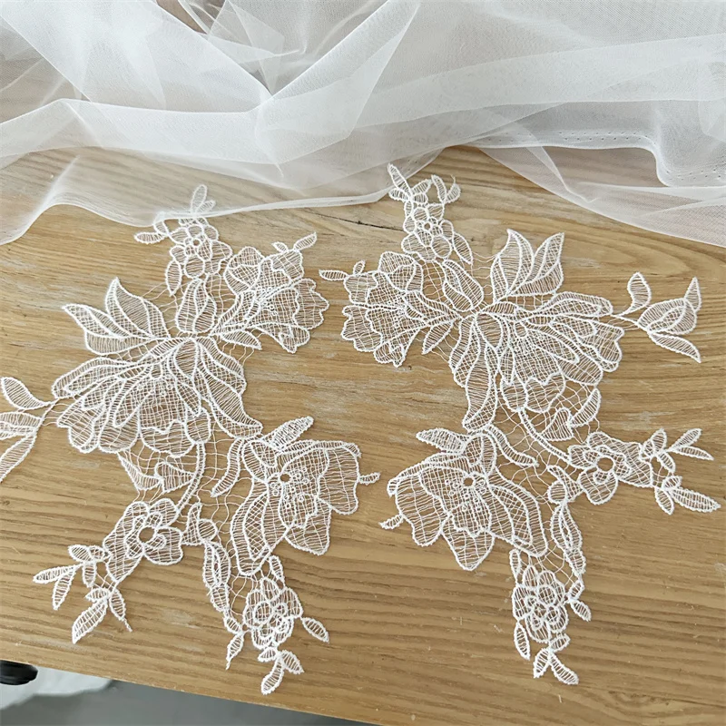 

5 Pairs, White Fishing Line Lace Embroidery Mirror Decal, Handmade Wedding Headwear, Clothing Background Decoration Accessories