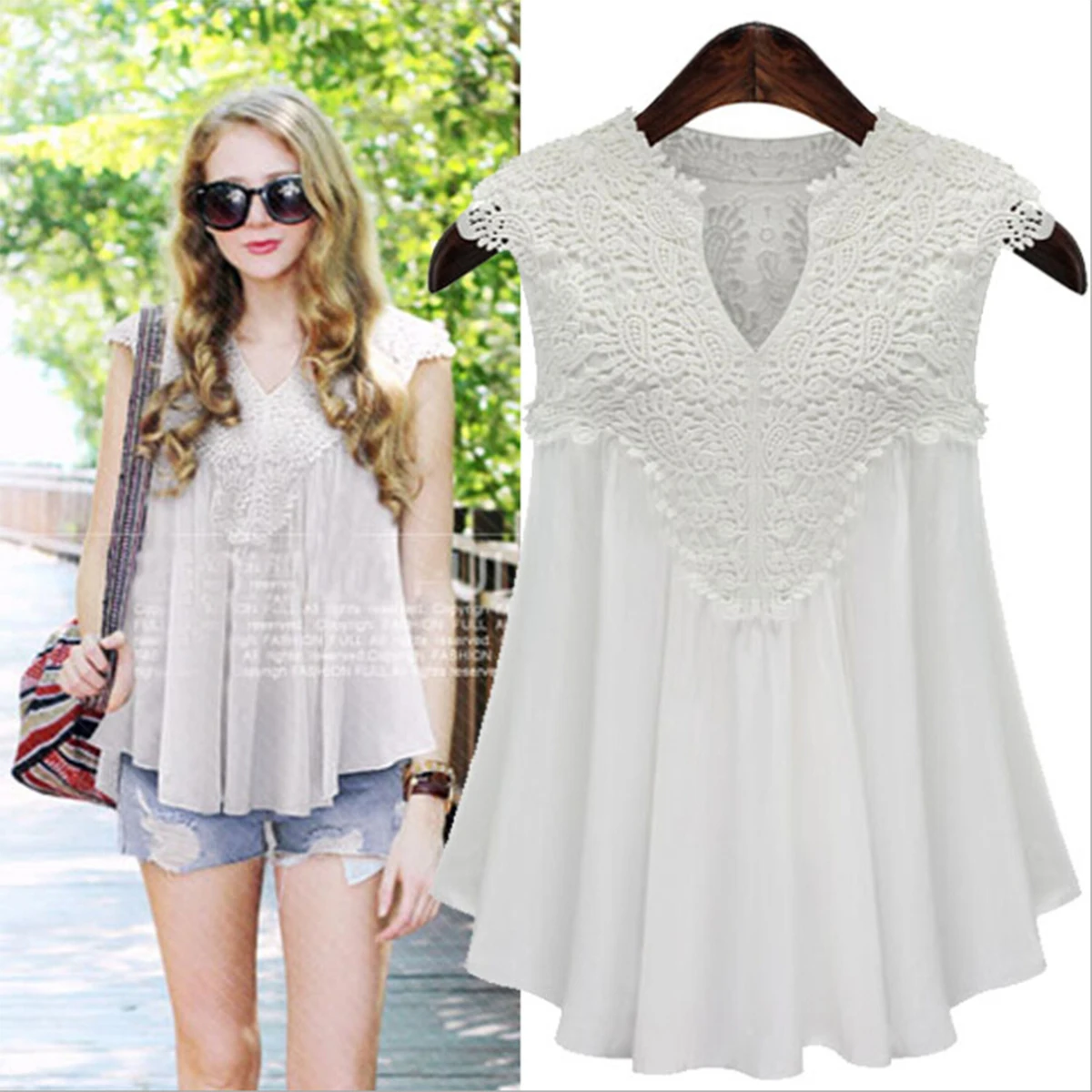 

Summer tops for women Fashion Lace Chiffon blouse V-Neck Loose Casual Chiffon Shirt
