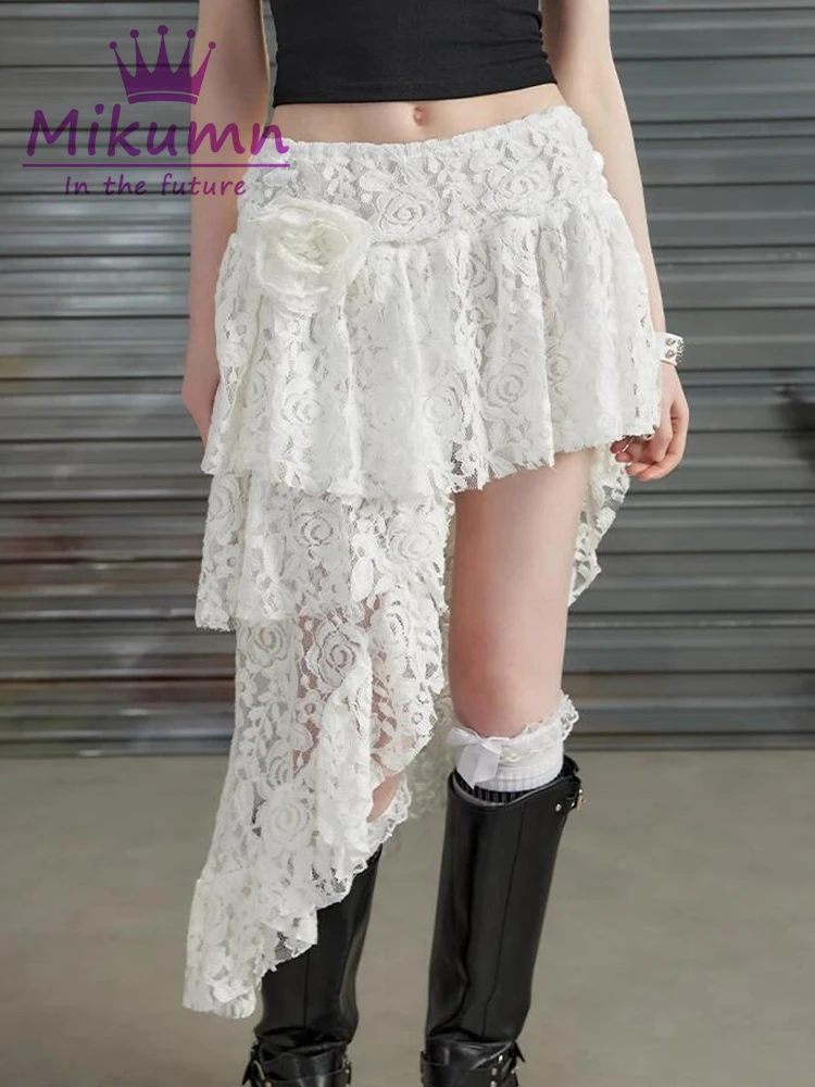 Mikumn Harajuku White Rose Lace Irregular Short Skirts Women Y2k Summer Fashion High Waist A-line Asymmetry Skirts Streetwear