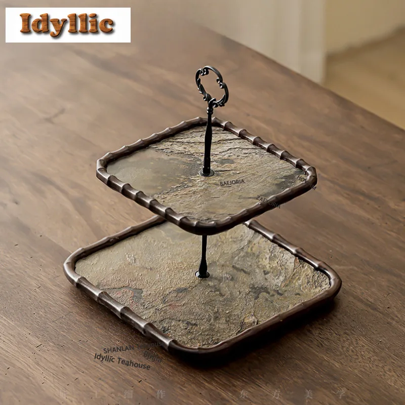 HOYIHM Bamboo Double-layer Fruit Dishes Ancient Pastry Plate Refreshment Fruit Plate Serving Tray Tea Items Craft Ornaments