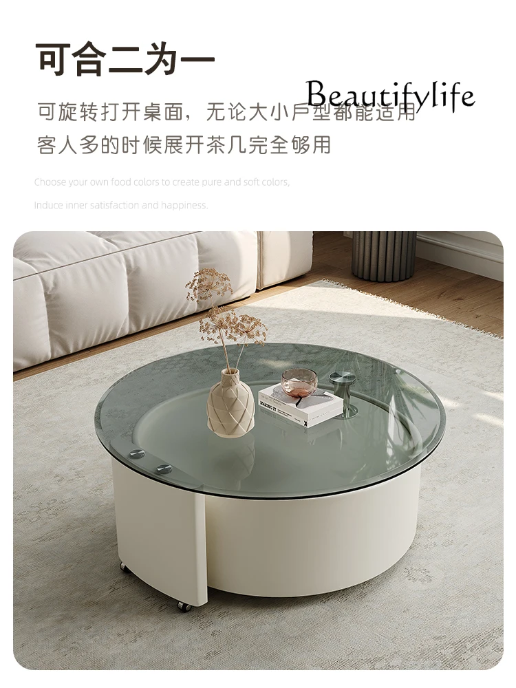 Retractable Rotating Coffee Table Designer High-Grade round Tempered Glass Minimalist Cream Style