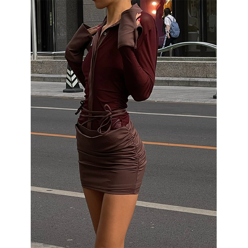 VanessaLab [ 50% Off ] New Sexy Autumn Wine Red Spicy Girl Set, Mesh See Through Top, Tight Tie, Half Skirt For Women