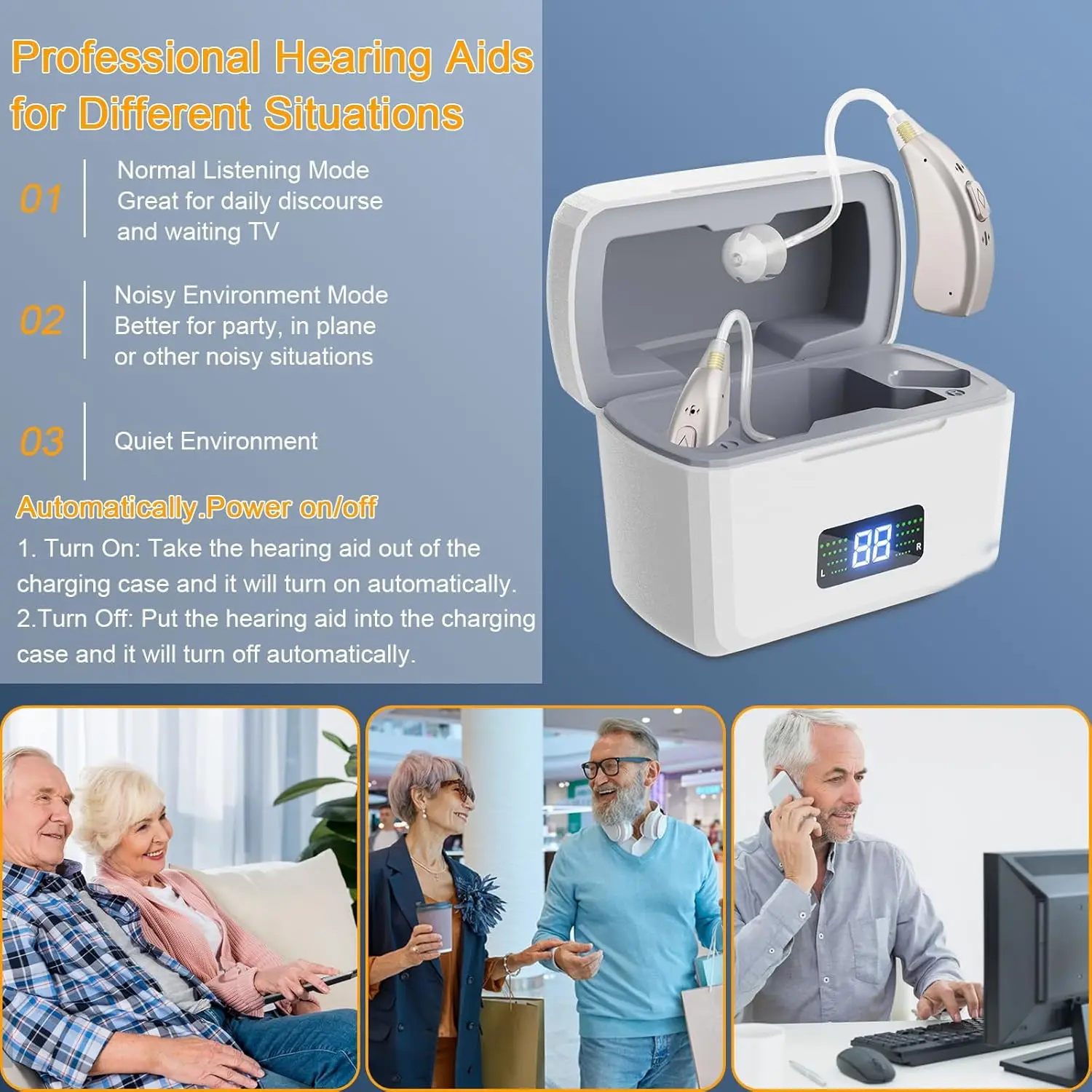 Digital 16-Channel Rechargeable Hearing Aids Multi-Mode BTE Hearing Aid High Performance Concealed In-Ear for Seniors & Deafness