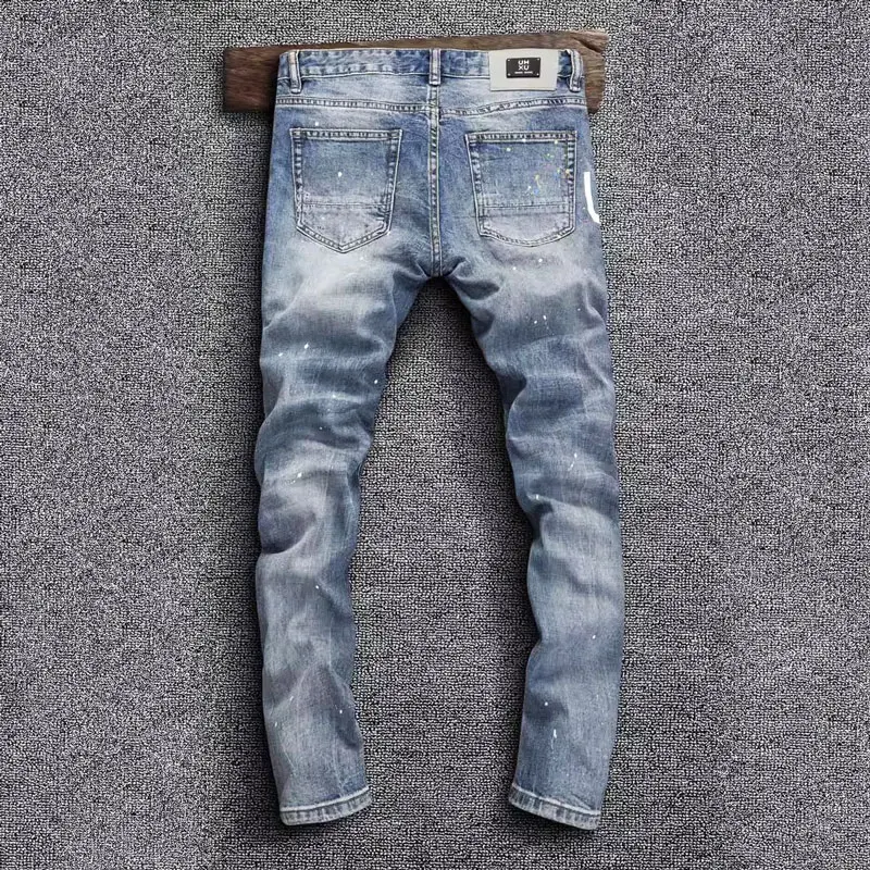 High Street Fashion Men Jeans Retro Blue Elastic Slim Fit Hole Ripped Jeans Men Painted Printed Designer Hip Hop Denim Pants