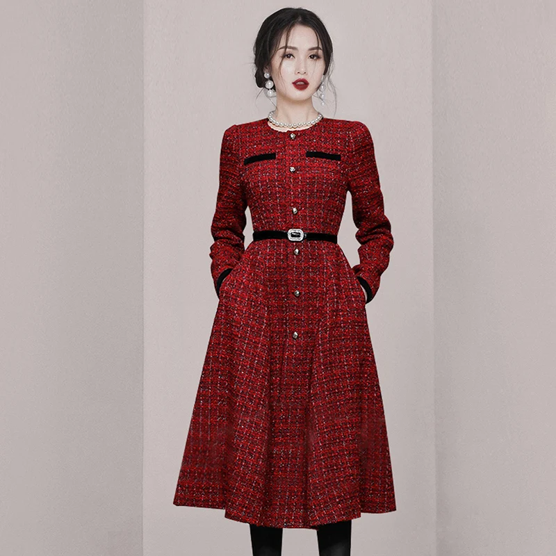 

Runway Fashion Vintage Winter Tweed Plaid Dress High Quality Women Single Breasted Wine Red Thick Pockets Midi Vestido With Belt