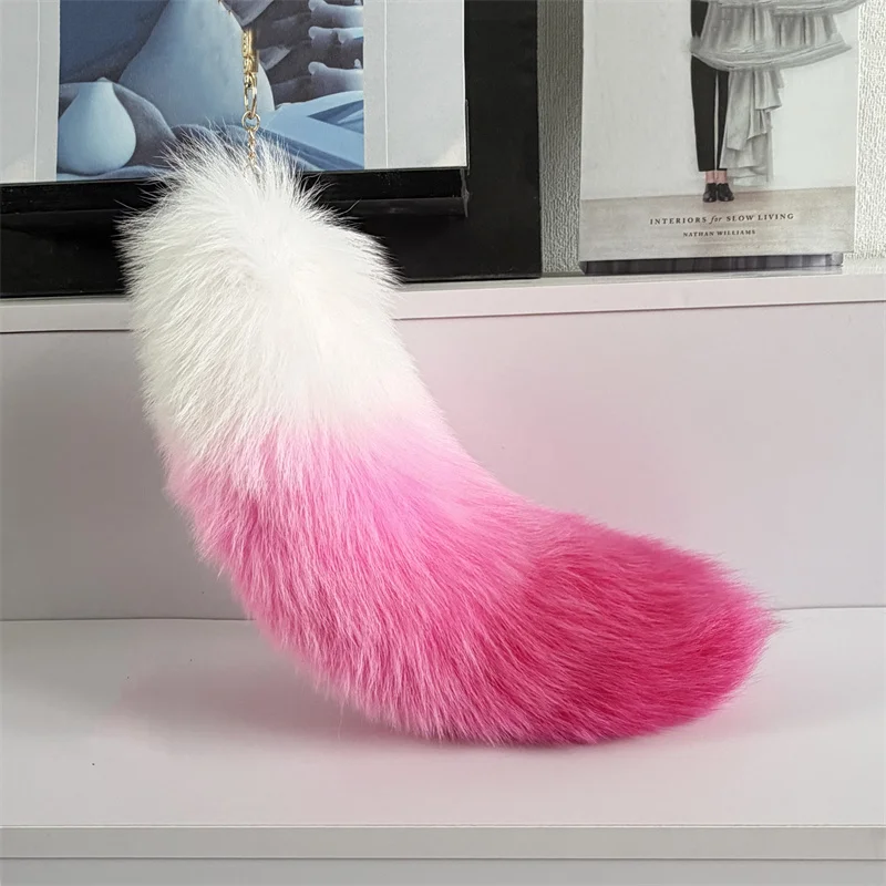 Natural Fox Fur Tail Keychain Furry 2024 Chic Y2K Beautiful Accessory Length 40 cm Car Keychains For Women Pink Tail Keychain