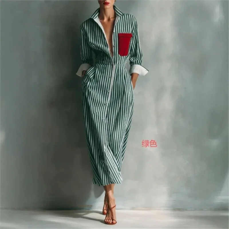 Herbstliches gestreiftes Hemdkleid für Damen, lässig, mit Umlegekragen, Farbblockierung, Taschen, lange Kleider, neu, trendig, anmutig, Robe