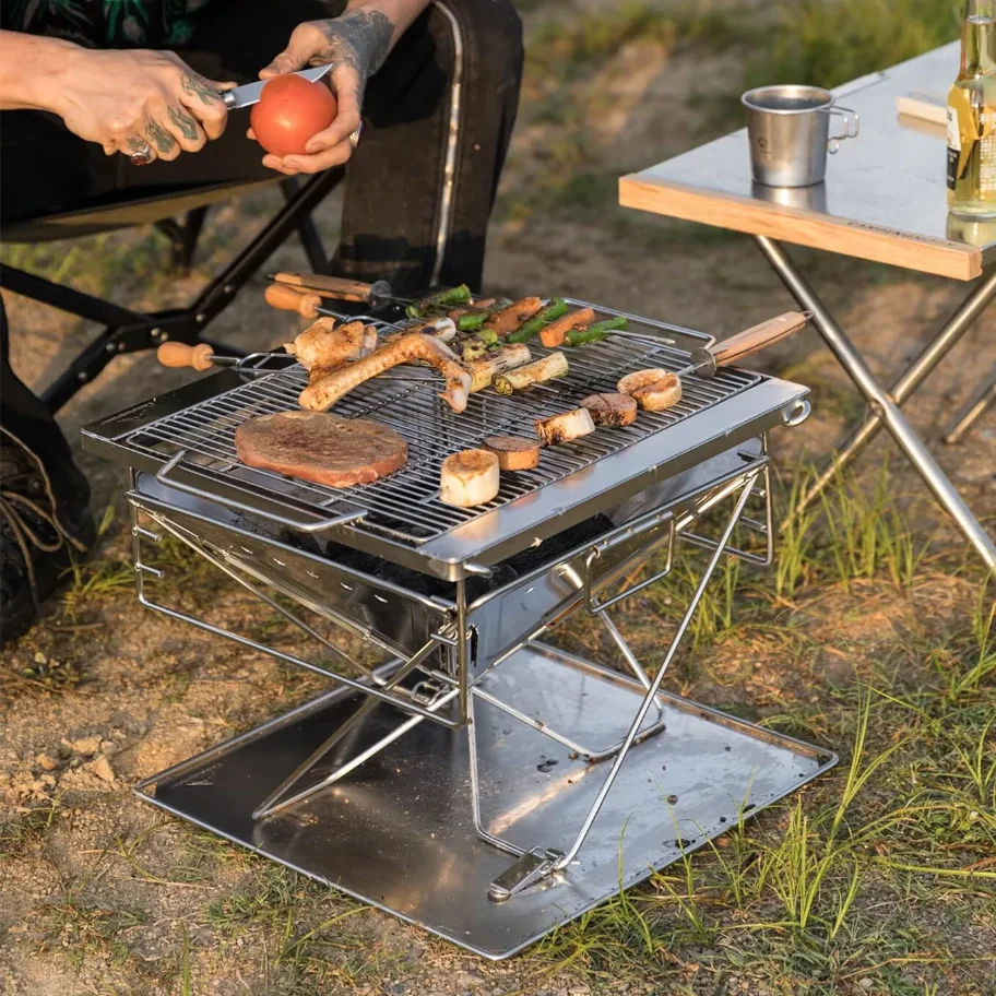 Height Adjust Camp Fire Grill Collapsible Wood Burning Barbecue Grill with Bag