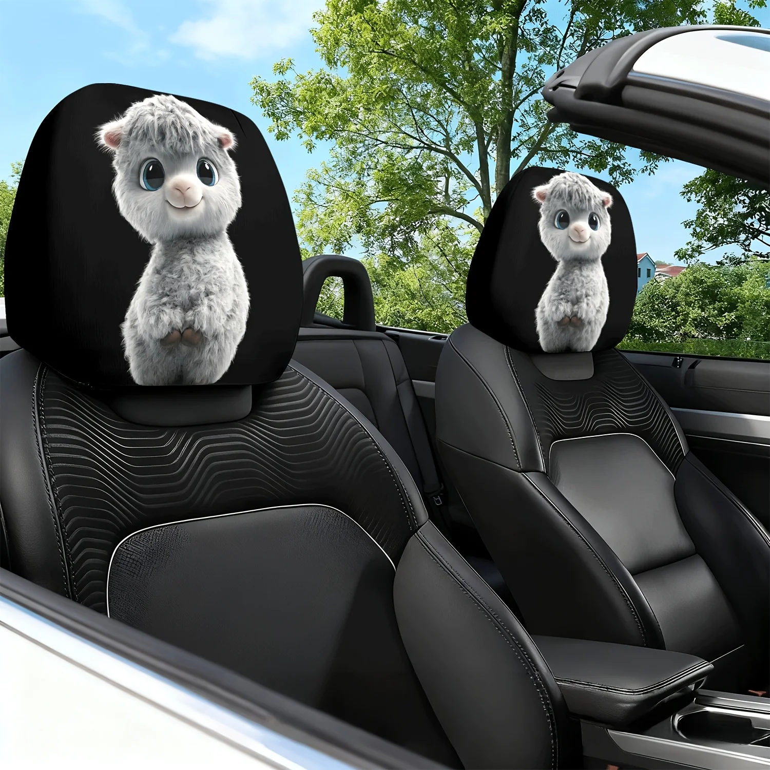 2pcs Cute Lamb Pet Cute Image Display Theme Printed Car Seat Cushion Headrest Neck Pillow Protective Cover - with Cute Design
