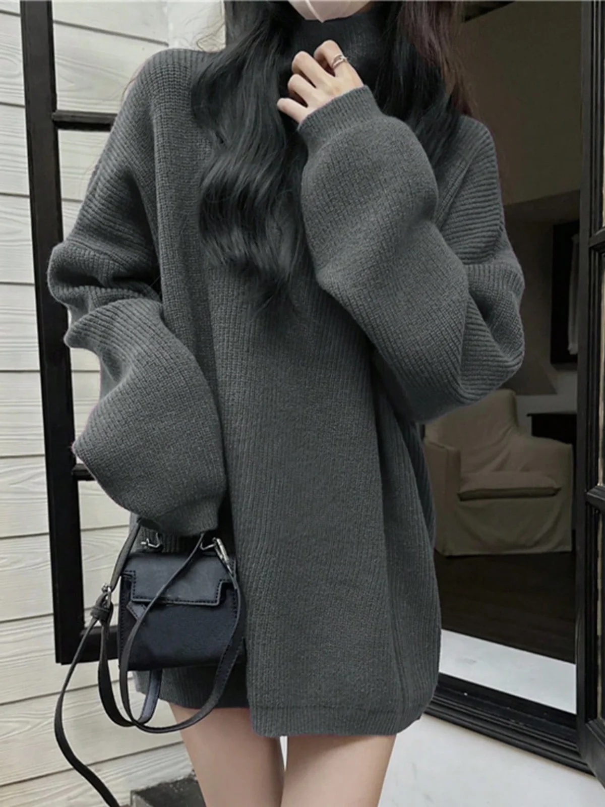 South korea Dongdaemun Autumn and Winter Idle Sle Soft Glutinous Turtleneck Knitwear Small Mid-Length Loose Slimming Sweate...