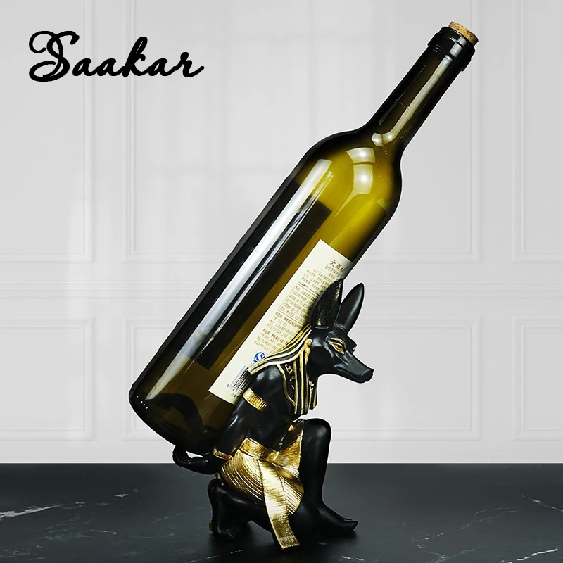 SAAKAR Resin Egyptian Anubis Dog Cat God Figurines Wine Rack Bottle Holder Storage Statue Home Living Room Desktop Decor Objects